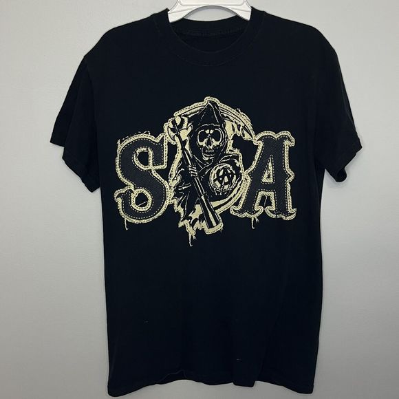 Sons Of Anarchy Small T-Shirt Mens Black Faux Patch SOA SAMCRO Grim Reaper VGC - Picture 1 of 7